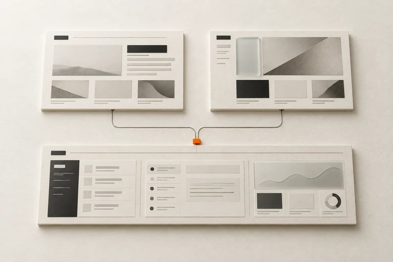 Dos maquetas de sitios web conectadas a un panel de operaciones compartido.