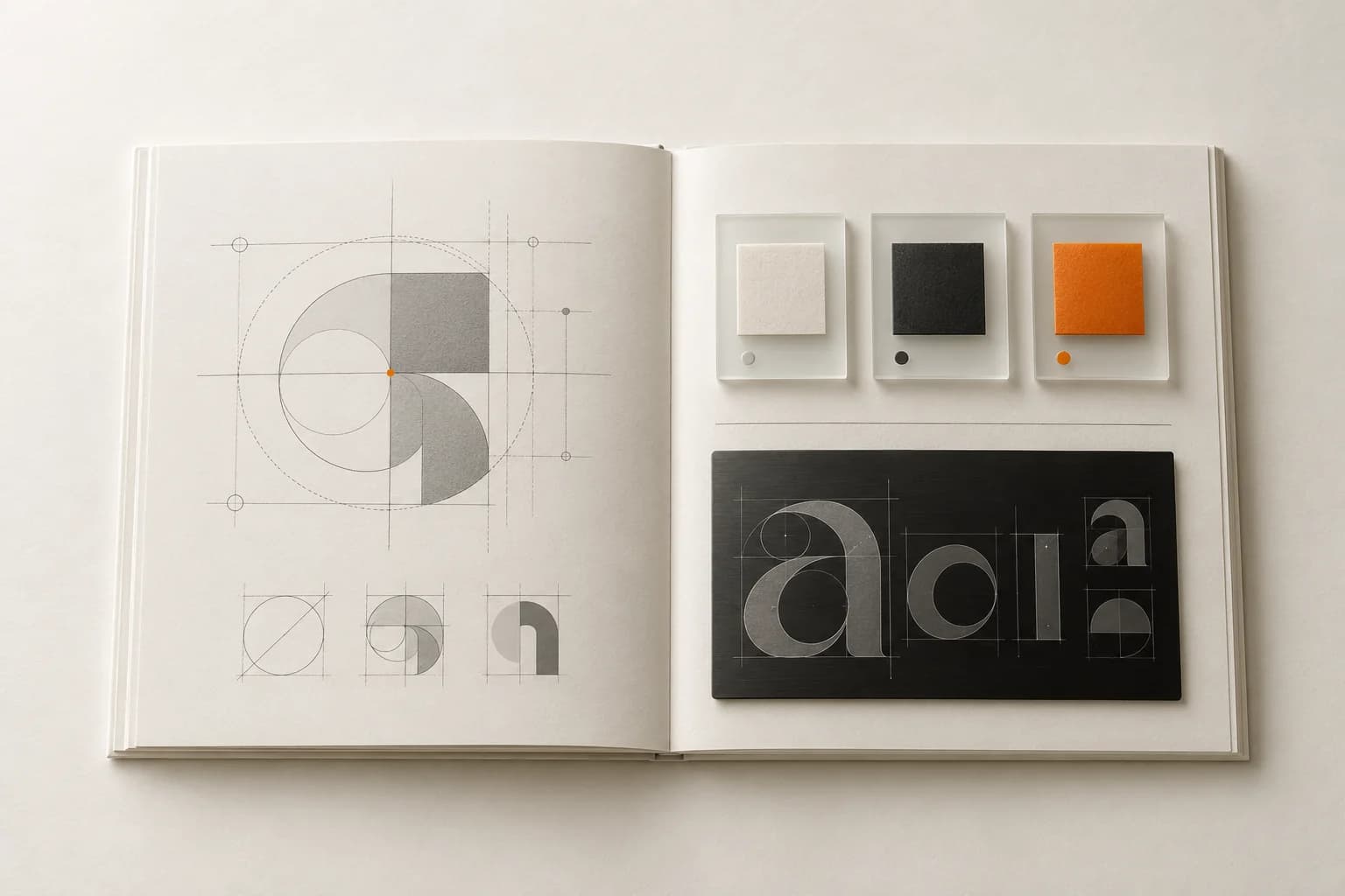 Un manual de marca abierto: la grilla de construcción de un símbolo, tres muestras de color y un especimen tipográfico.