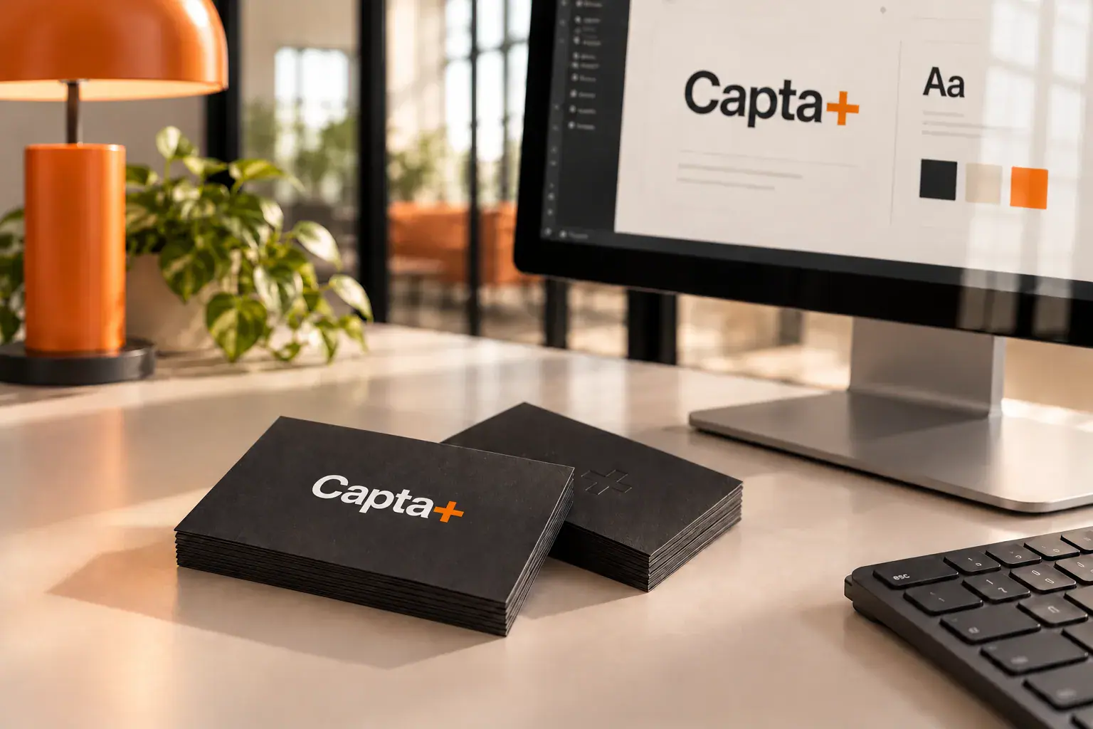 Dos pilas de tarjetas personales negras de Capta+, una con el logotipo y otra con el + en relieve, junto a un monitor que muestra el logo, la tipografía y la paleta de color de la marca.